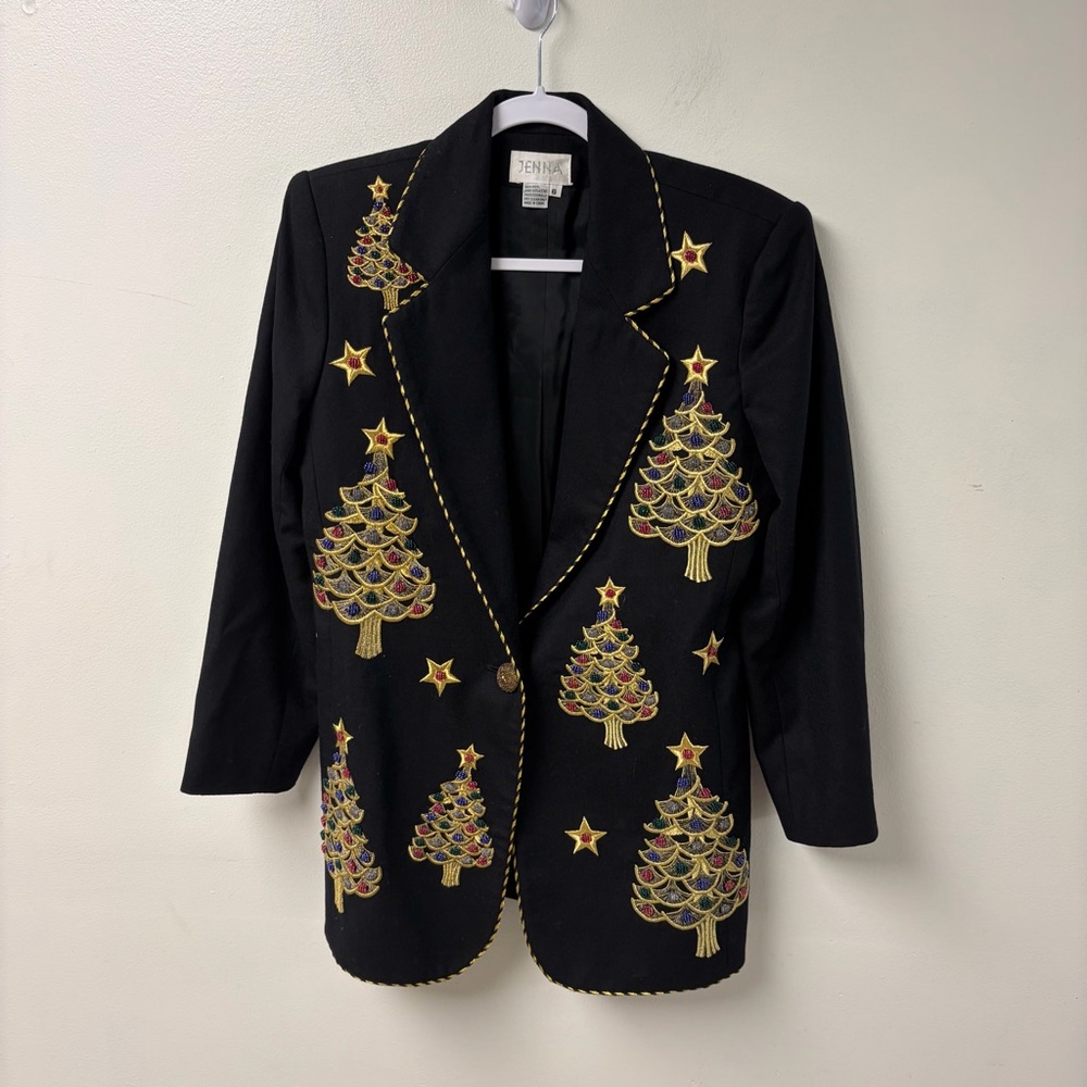 Vintage Jenna Black Wool Christmas Tree Blazer Size‎ 6